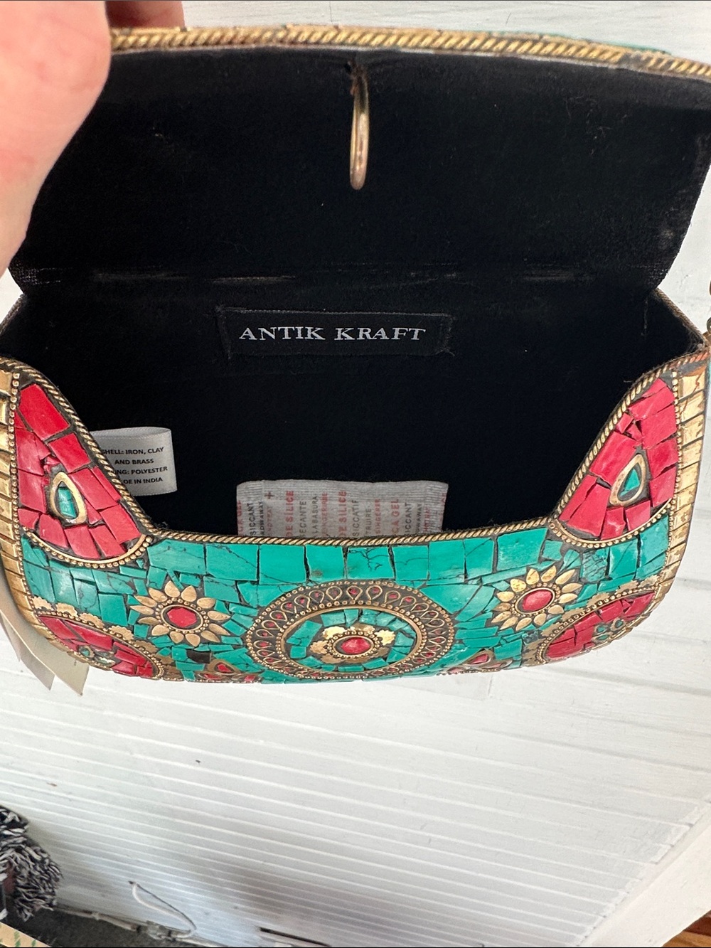 Turquoise Mosaic Metal Shoulder Bag with Red & Gold Accents - Picture 3 of 5
